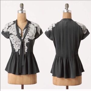 Anthropologie Black Top with White Floral Embroidery